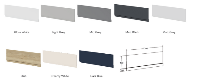 A material/color options chart showing several rectangular sample panels labeled Gloss White, Light Grey, Mid Grey, Matt Black, Matt Grey, OAK, Creamy White, and Dark Blue, plus a small dimension drawing on the right.
