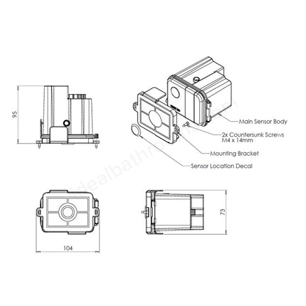 Technical line drawing showing multiple views of a sensor module with labeled parts and dimensions, including main sensor body, mounting bracket, sensor location decal, and screw details on a white background.