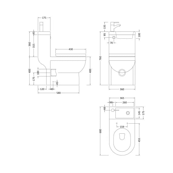 Nuie Arley Pro 2-in-1 Combined Close Coupled Toilet & Wash Basin | 380x705x765mm | White Ceramic | 23701P2-J