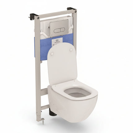 Wall-mounted toilet with open seat on a white background