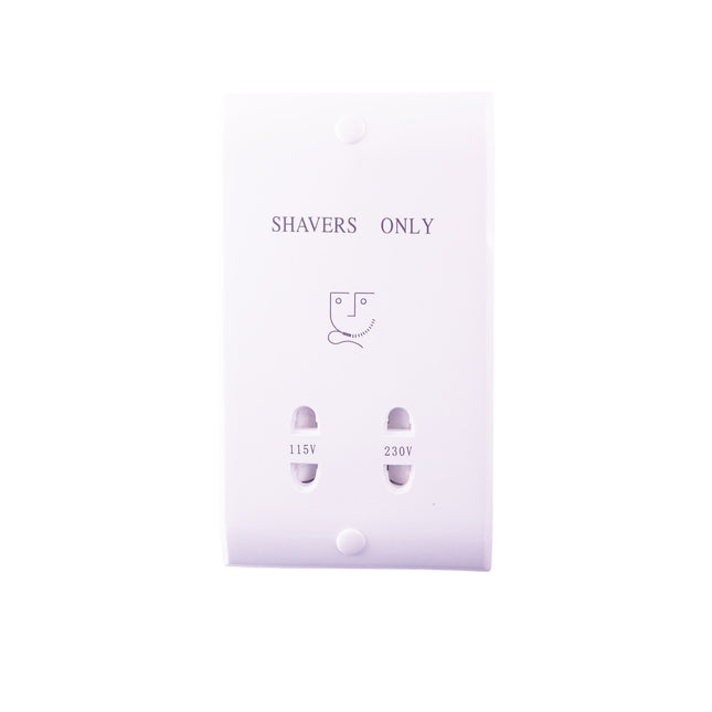 Electrical outlet with 'Shavers Only' label and voltage indicators on a white background