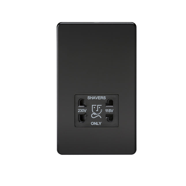 Black shaver socket with voltage markings on a white background