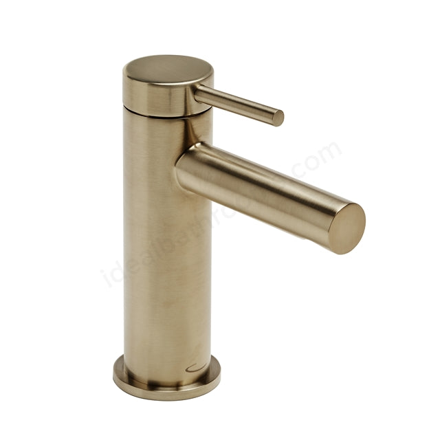 A modern single-handle bathroom faucet in a brushed brass or gold finish, shown from a three-quarter angle on a plain white background.