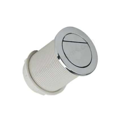 Round metallic button with white base on a white background
