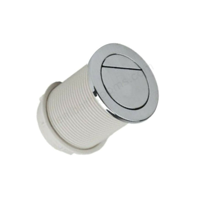 Round metallic button with white base on a white background