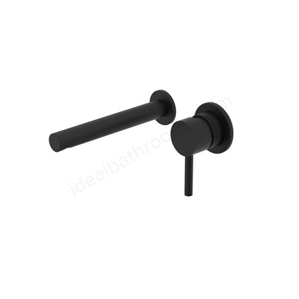Matte black wall-mounted bathroom fixtures shown on a plain white background, including a horizontal bar and a round control with a short vertical stem.