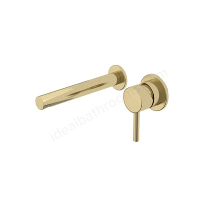 Gold wall-mounted bathroom fixture set with a horizontal bar and a round control knob on a plain white background.