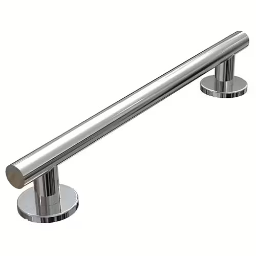 A polished chrome bathroom or kitchen bar handle with two round mounting bases, shown on a plain white background.