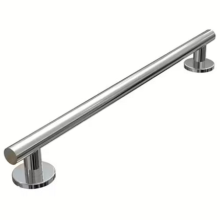 A polished stainless steel bathroom or kitchen grab bar with two round mounting bases, shown on a plain white background.