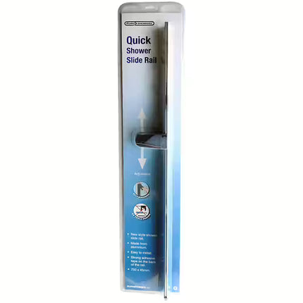 A packaged shower slide rail by Euroshowers, shown in its clear plastic retail box with printed instructions and product illustration on a white background.