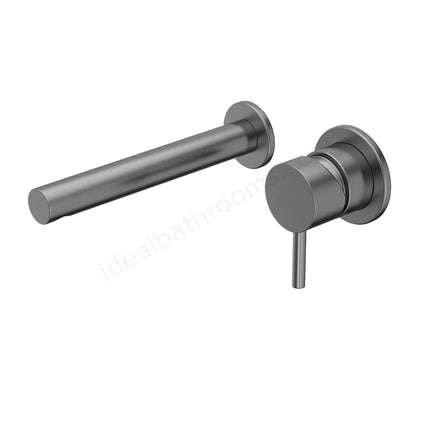 Gunmetal wall-mounted faucet and handle set on a white background