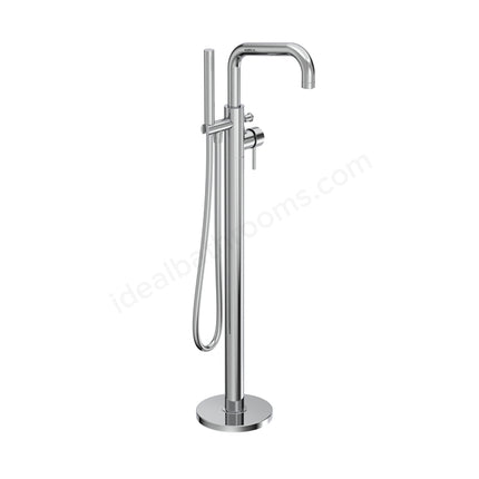 A modern floor-mounted bathtub faucet with a polished chrome finish, featuring a high-arc spout, a vertical main column with a round base, a hand shower hose, and a side lever handle, shown on a white background.