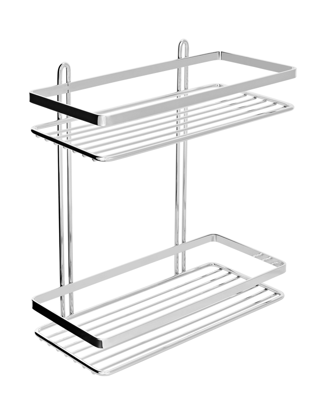 Chrome metal wall-mounted shower caddy with two tiers on a white background