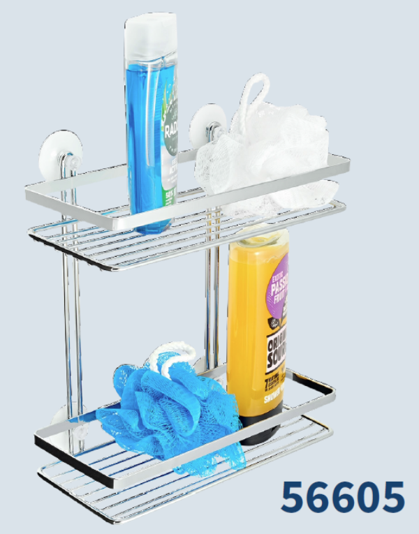 Bathroom caddy with various items on a light gray background
