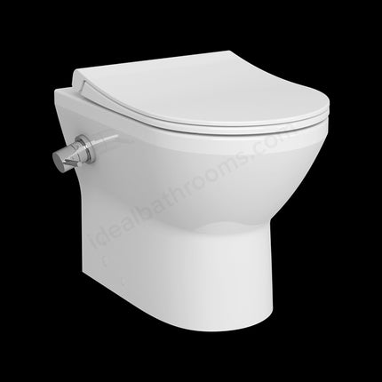 A white wall-mounted toilet with a closed lid and a chrome flush lever on the left side, shown against a solid black background.