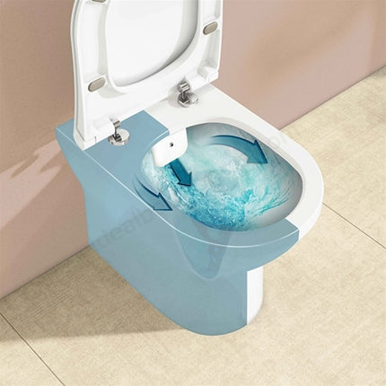 A close-up of a toilet bowl with the seat open, showing blue water swirling inside. A translucent blue overlay graphic illustrates the flushing motion, set against a beige tiled floor and pinkish-beige wall.