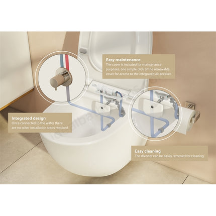 A toilet water-level sensor and drain assembly shown installed on a white toilet bowl, with callout circles and text labels explaining features like integrated design, easy maintenance, and easy cleaning.