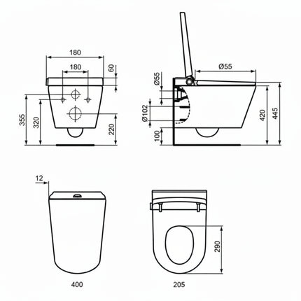 Technical drawing of a toilet with dimensions