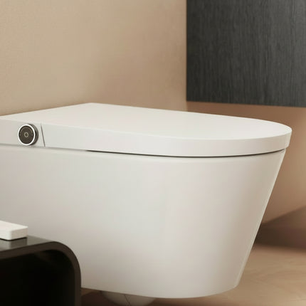 Modern white toilet bowl in a bathroom setting with a neutral color scheme.