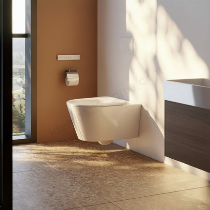 Modern bathroom with a wall-mounted toilet and wooden vanity.