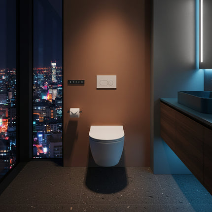 Modern wall-mounted toilet in a dimly lit bathroom setting