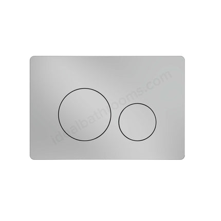 A modern wall-mounted dual-sink flush plate with two circular buttons, finished in brushed silver stainless steel, shown against a plain white background.