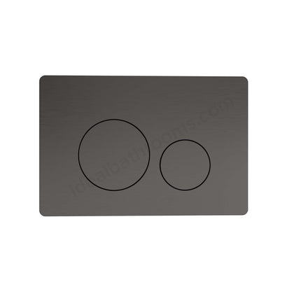 A modern dual-button flush plate with a matte dark gray brushed metal finish, featuring two circular push buttons on a white background.