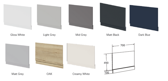 A color and material options chart showing rectangular panel samples labeled Gloss White, Light Grey, Mid Grey, Matt Black, Dark Blue, Matt Grey, OAK, and Creamy White, plus a small dimension diagram on the right.