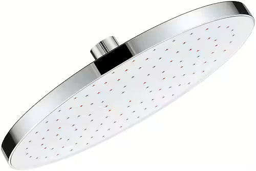 A round rain shower head with a polished chrome finish and multiple small spray nozzles on a white face, shown on a plain white background.