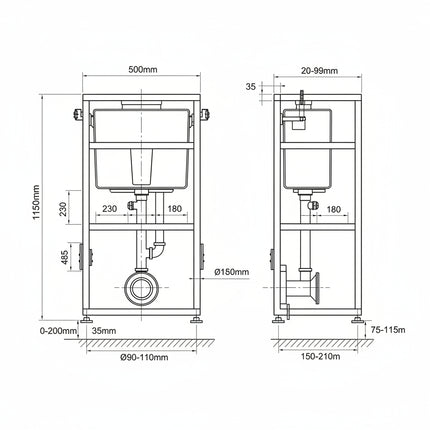 Technical drawing of a toilet with dimensions labeled