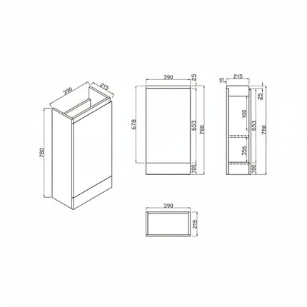Technical drawing of a rectangular object with dimensions on a white background