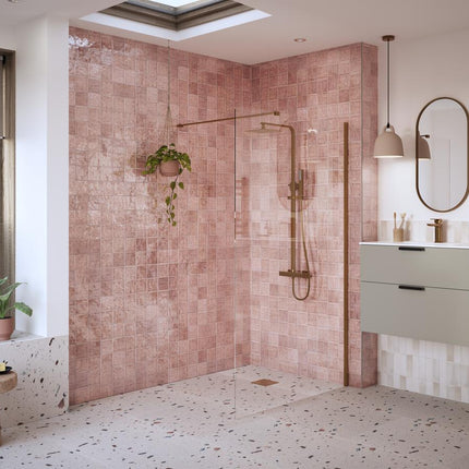 RefleXion Iconix Brushed Bronze Wetroom Panel & Support Bar | 8mm Glass | 9 Sizes