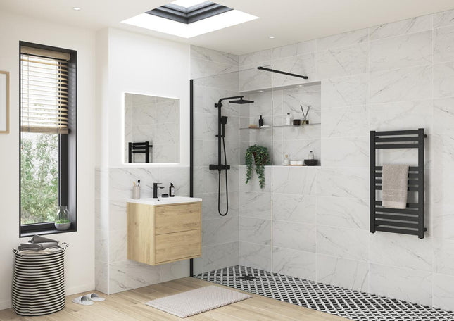 RefleXion Iconix Matt Black Wetroom Panel & Support Bar | 8mm Glass | 9 Sizes