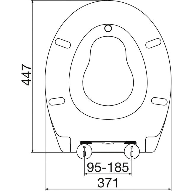 Black and white line drawing showing the dimensions of a toilet seat, with measurements labeled 447, 371, and 95-185.