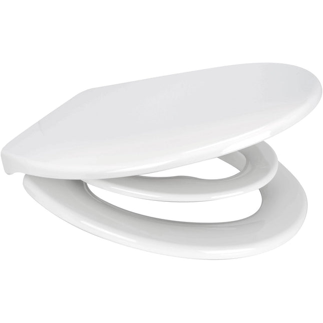 A glossy white toilet seat lid shown from an elevated angle against a solid white background.