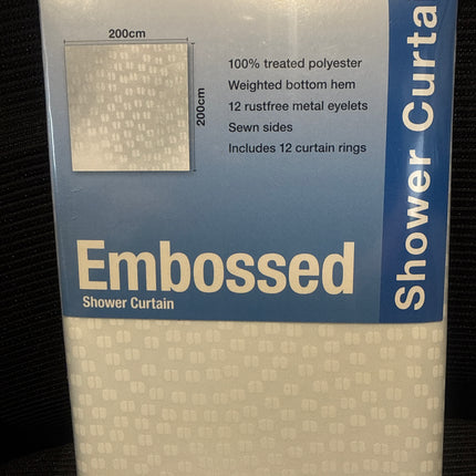 Packaged Euro Shower Embossed Shower Curtain in white with a blue and white label, showing details like 200cm size and 12 curtain rings.