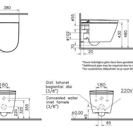 Technical drawing of a wall-mounted toilet with dimensions and specifications.