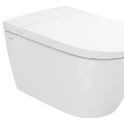 White wall-mounted toilet with a cover on a white background