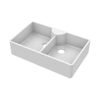 Nuie Double Bowl Fireclay Butler Sink | 895mm | Stepped Weir | White | 10-Year Guarantee
