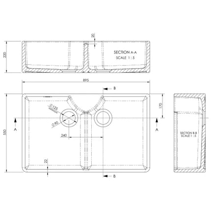 Nuie Double Bowl Fireclay Butler Sink | 895mm | Stepped Weir | White | 10-Year Guarantee