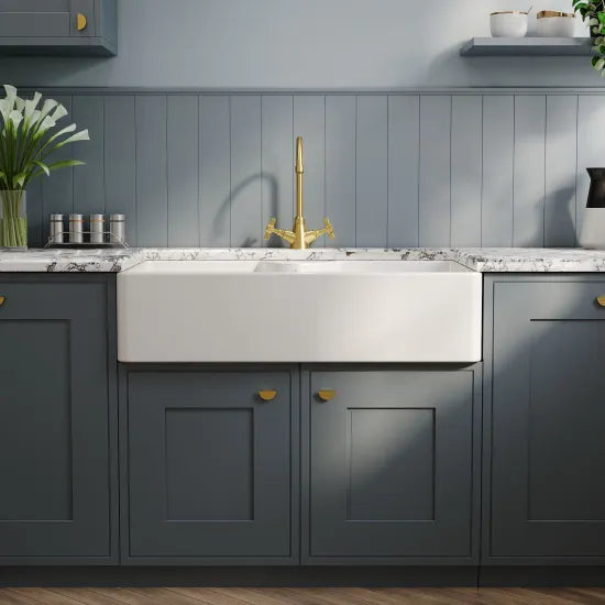 Nuie Double Bowl 895 x 550 x 220mm Fireclay White Butler Sink With Stepped Weir