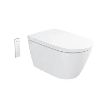 White wall-mounted toilet with a cover on a white background
