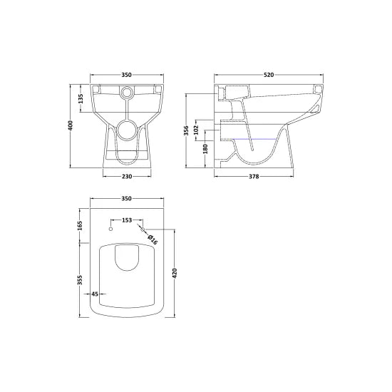Hudson Reed Square Back to Wall Toilet Pan | 350mm Wide | Soft-Close Seat Included