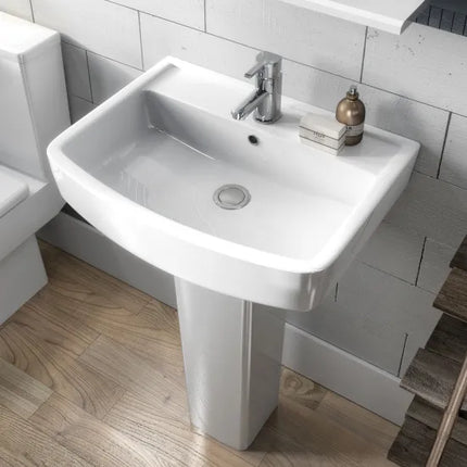 Nuie Bliss Ceramic Bathroom Suite — Open-to-Wall Toilet, Cistern, Soft Close Seat, Basin & Pedestal