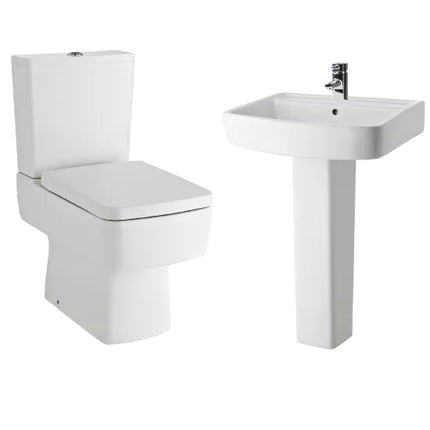 Nuie Bliss Ceramic Bathroom Suite — Open-to-Wall Toilet, Cistern, Soft Close Seat, Basin & Pedestal