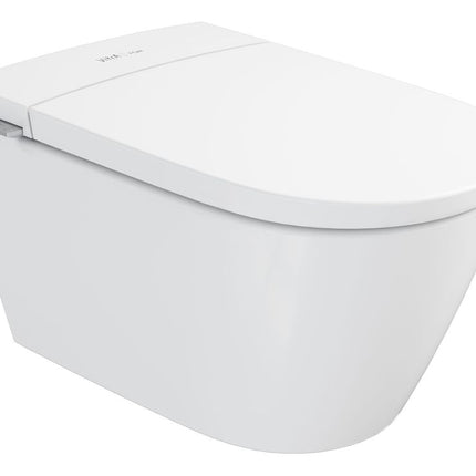 White wall-mounted toilet on a white background