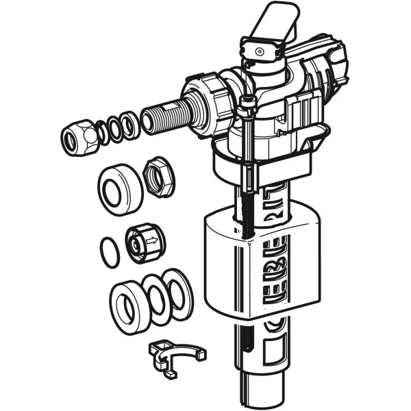 Black and white exploded view line drawing of a plumbing fixture valve trim assembly with various components shown separated on a plain white background.