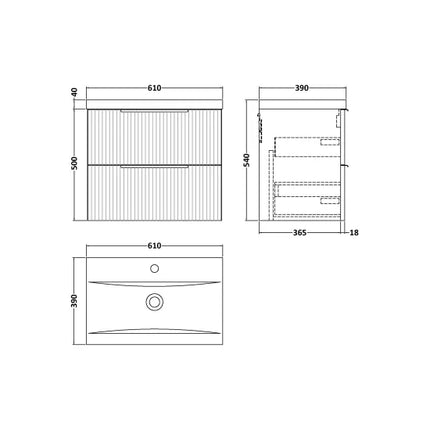 Hudson Reed Fluted 610mm Wall Hung Vanity Unit | 2 Drawers | Basin Included