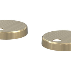 Two brass-colored circular metal covers on a white background
