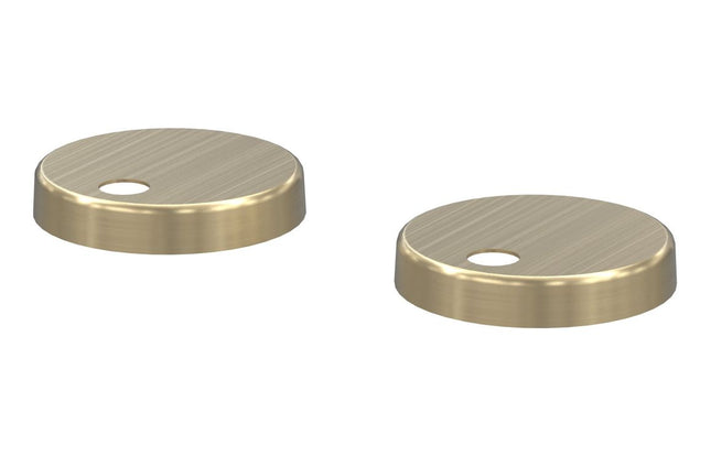 Two brass-colored circular metal covers on a white background